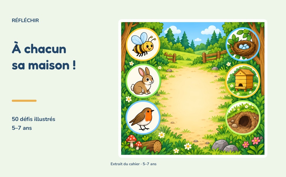 Extrait du défi Chacun chez soi : une abeille, un lapin et un oiseau à relier à leurs abris.