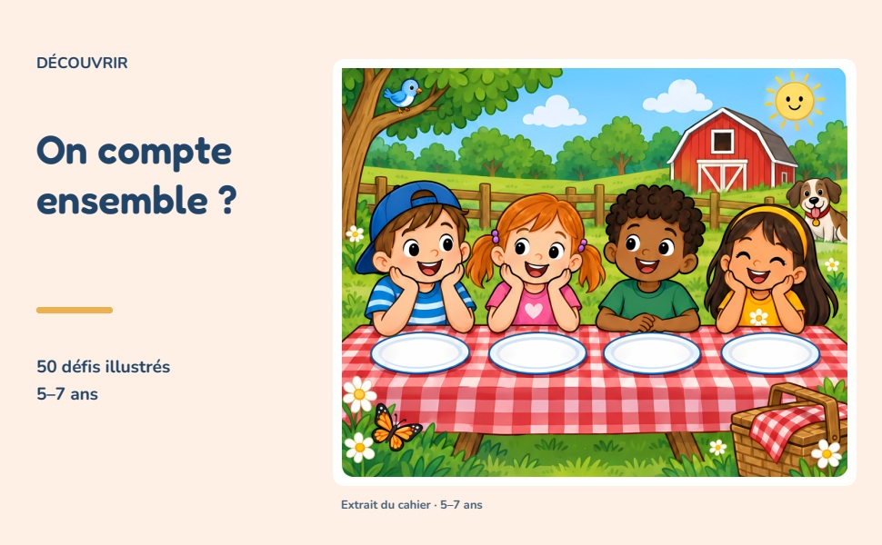 Extrait du défi Les biscuits de Mamie Joe : quatre enfants à table, avec une assiette devant chacun.