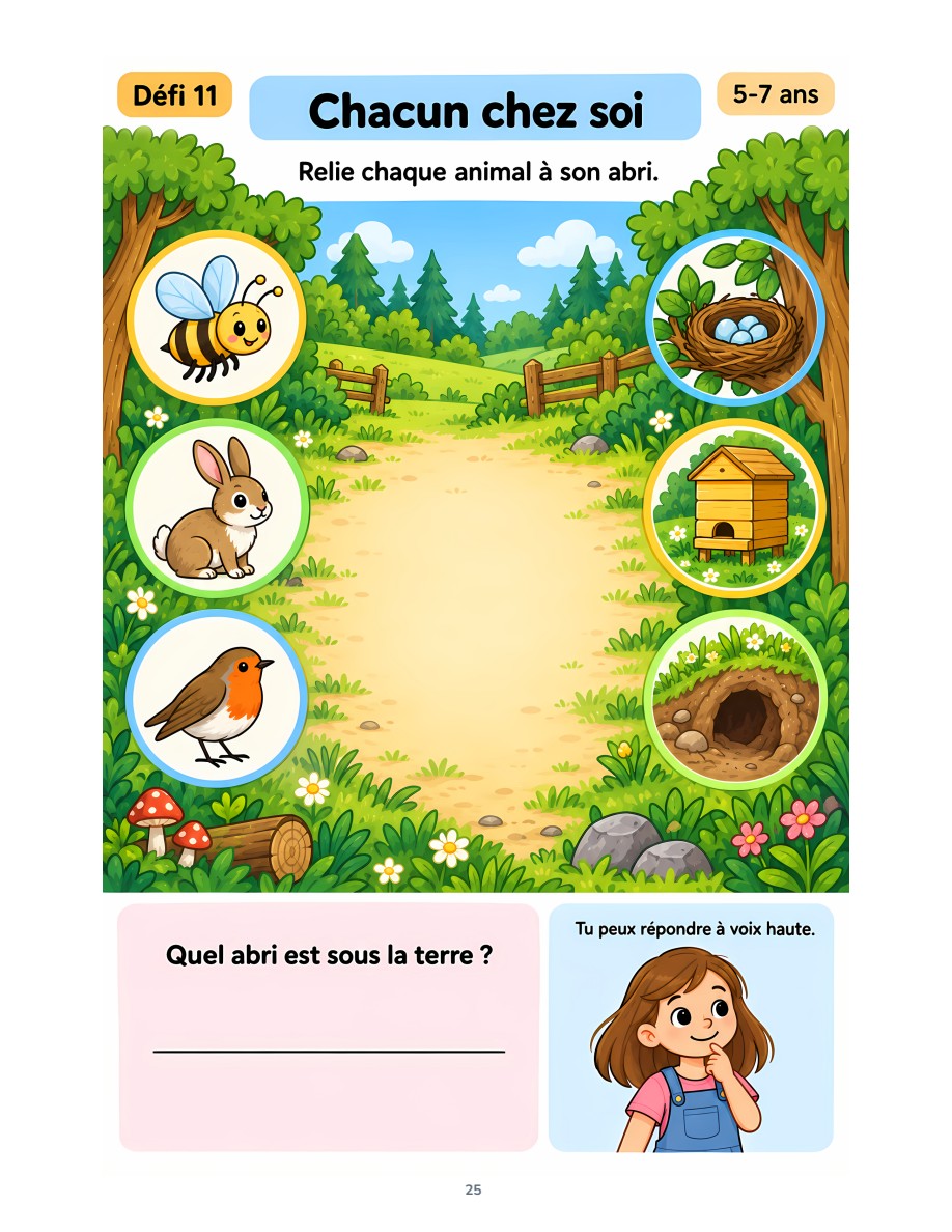 Extrait du défi Chacun chez soi : une abeille, un lapin et un oiseau à relier à leurs abris.