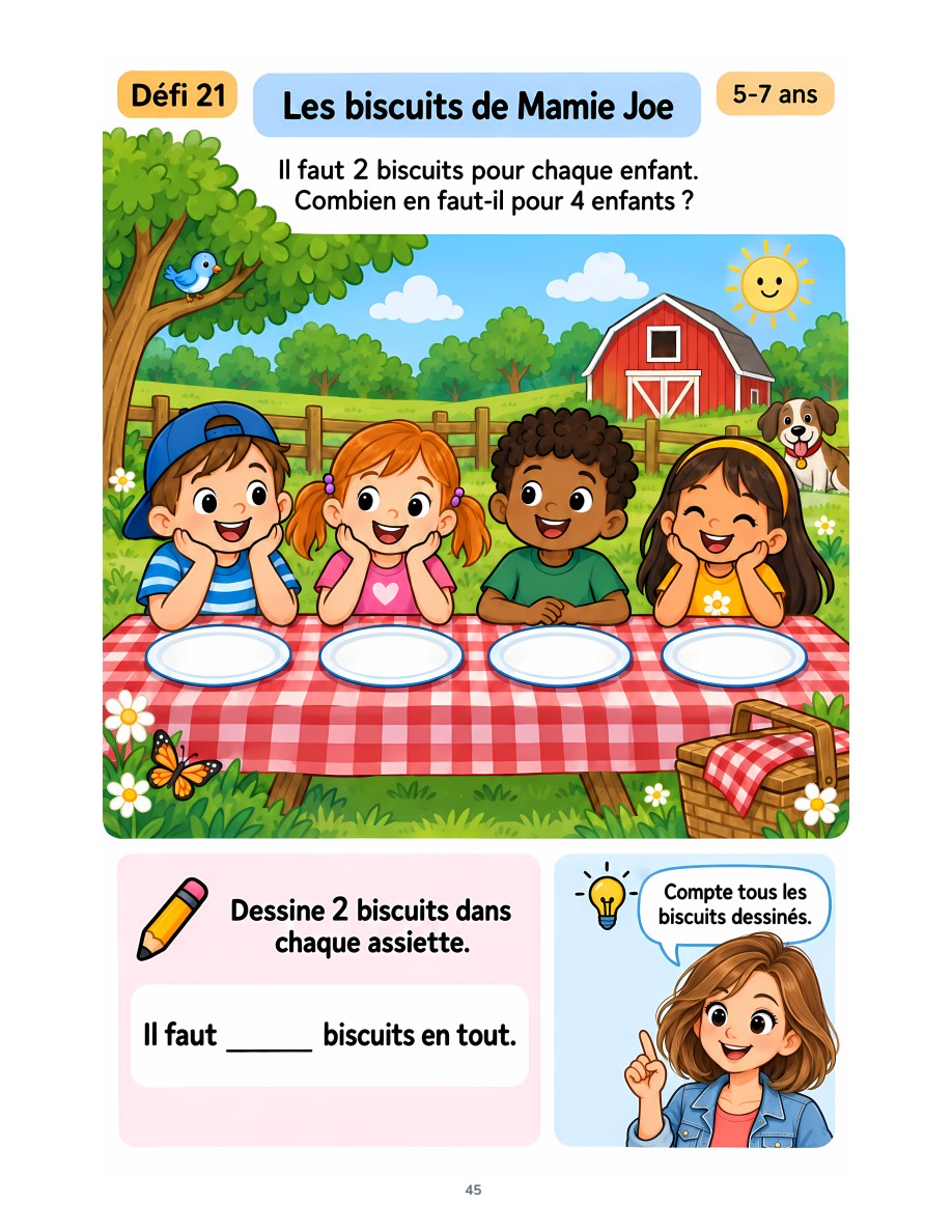Extrait du défi Les biscuits de Mamie Joe : quatre enfants à table, avec une assiette devant chacun.