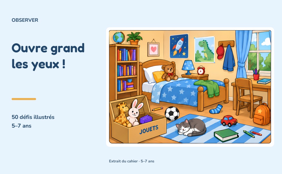 Extrait du défi La chambre mystérieuse : une chambre illustrée remplie d’objets à retrouver.