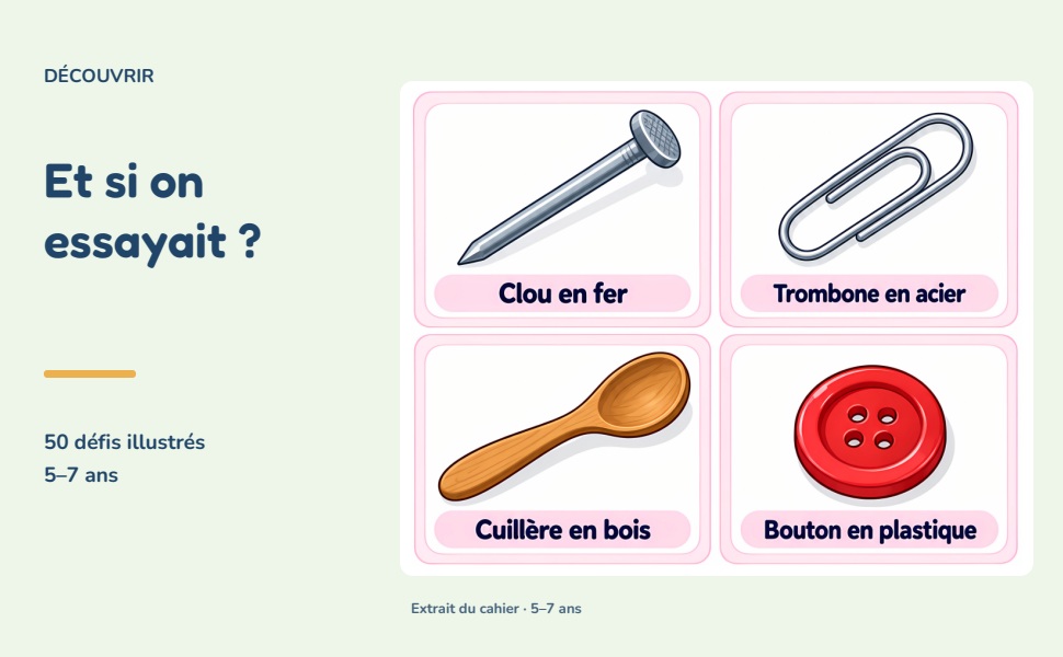 Extrait du défi sur les aimants : clou en fer, trombone en acier, cuillère en bois et bouton en plastique.
