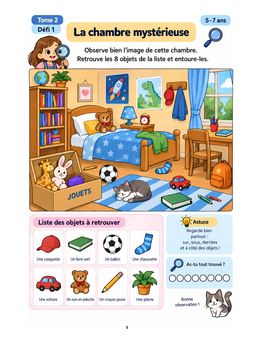 Extrait du défi La chambre mystérieuse : une chambre illustrée remplie d’objets à retrouver.