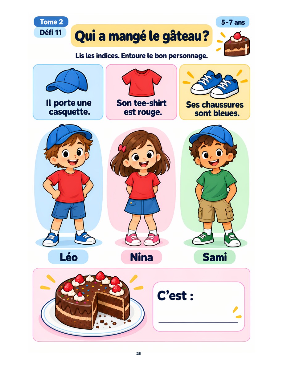 Extrait du défi Qui a mangé le gâteau : les personnages Léo, Nina et Sami.