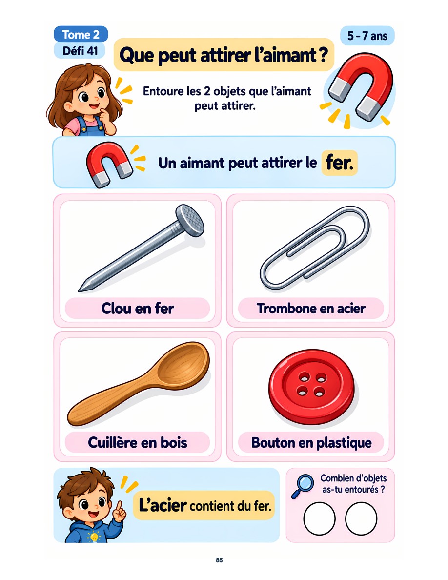 Extrait du défi sur les aimants : clou en fer, trombone en acier, cuillère en bois et bouton en plastique.