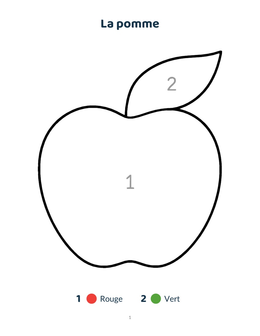 La pomme, page réelle du livre avec chiffres gris et légende colorée