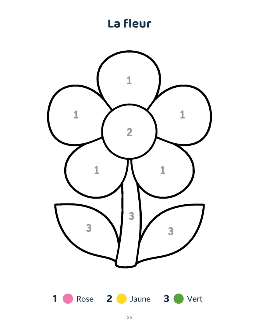 La fleur, page réelle du livre avec chiffres gris et légende colorée