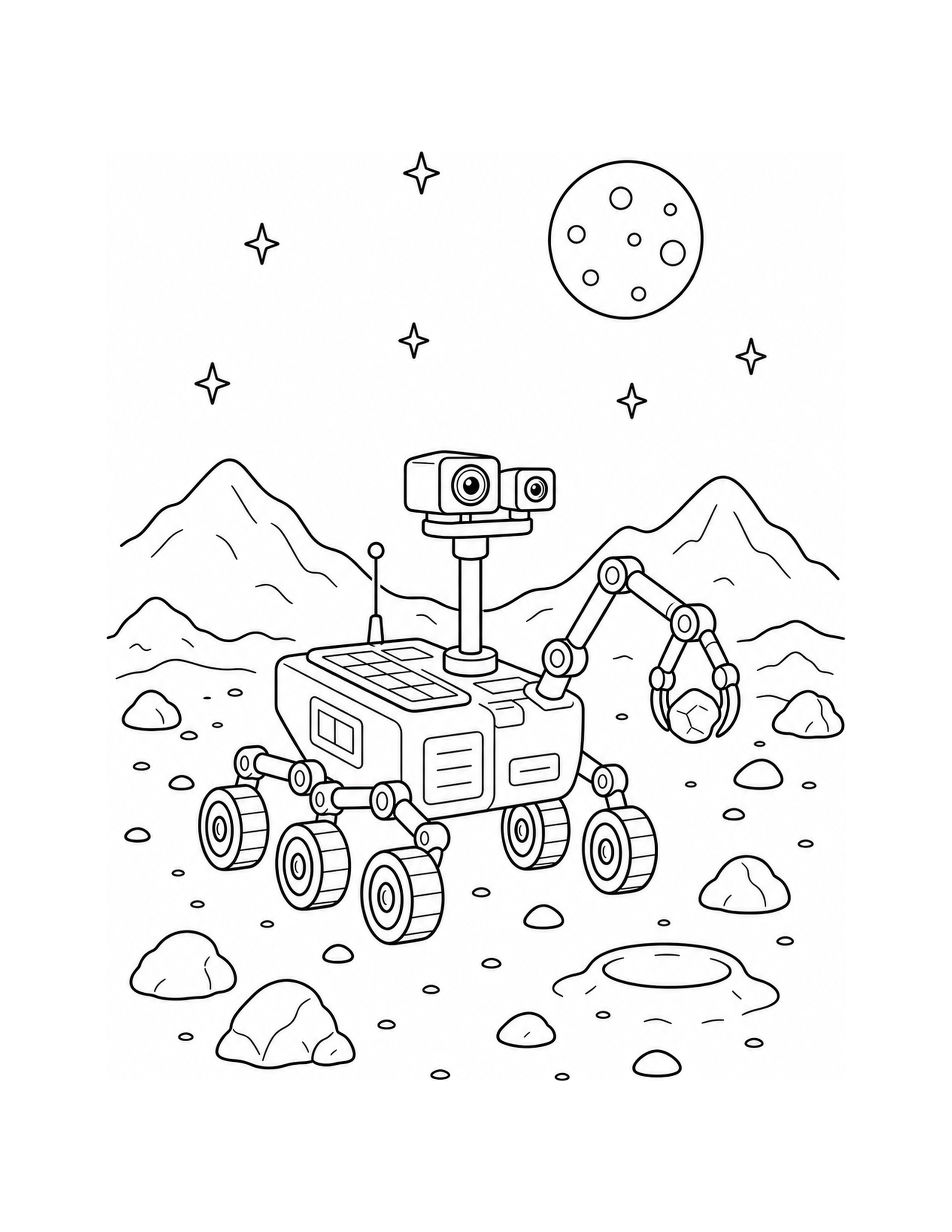 Grand dessin en noir et blanc d’un robot explorateur à colorier