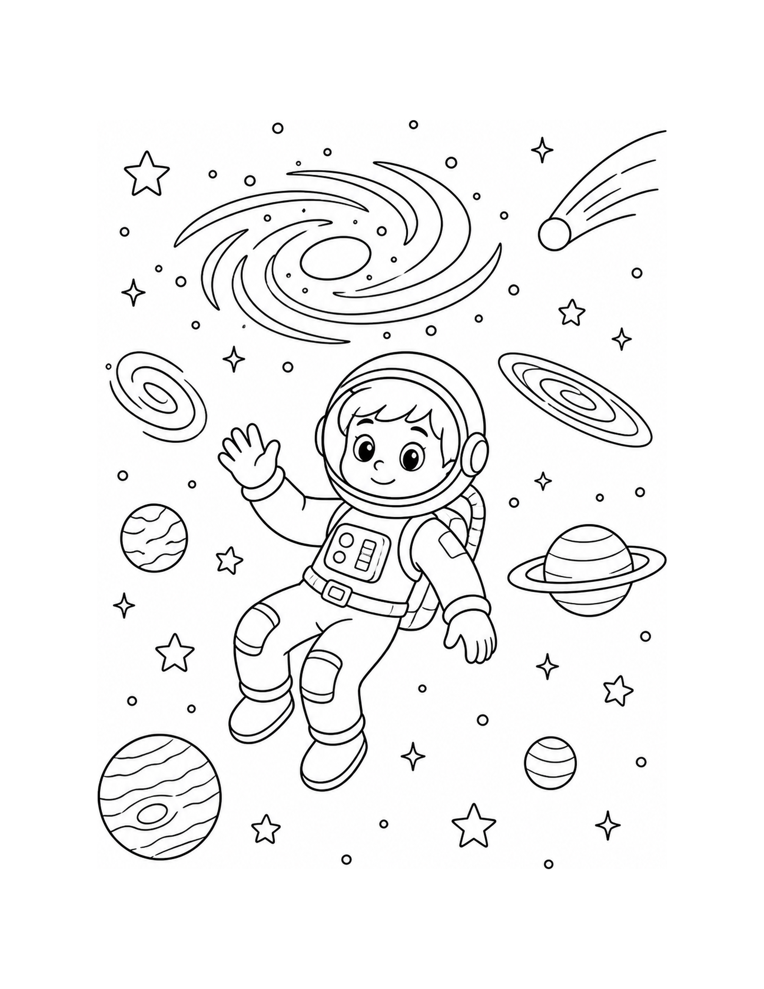Grand dessin en noir et blanc de l’Univers à colorier