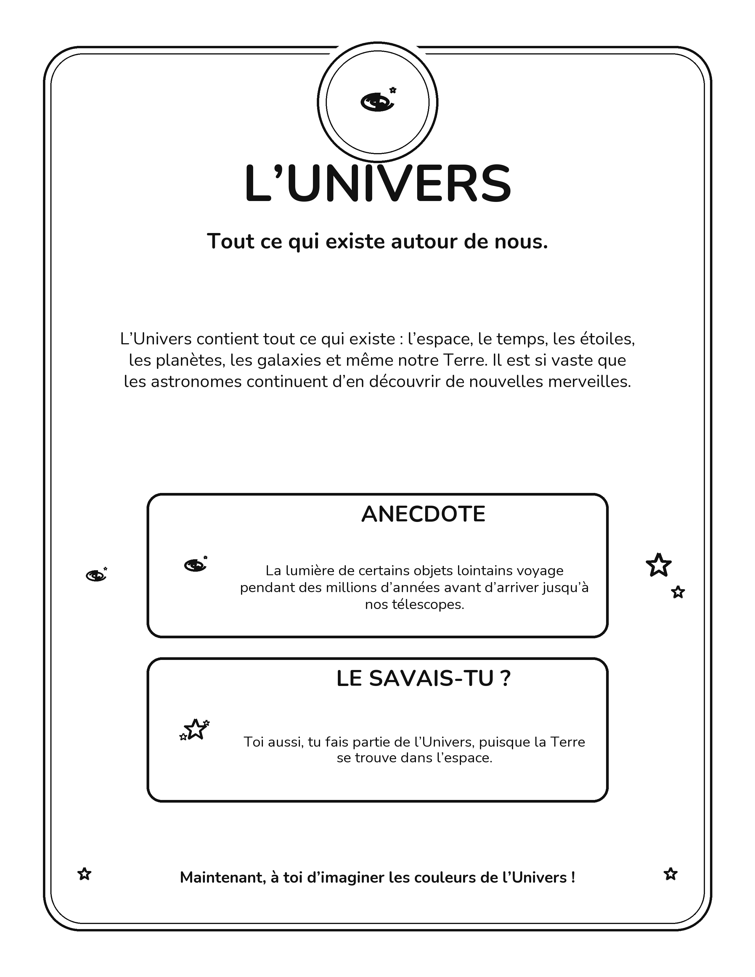 Fiche intérieure du livre Je découvre l’espace consacrée à l’Univers