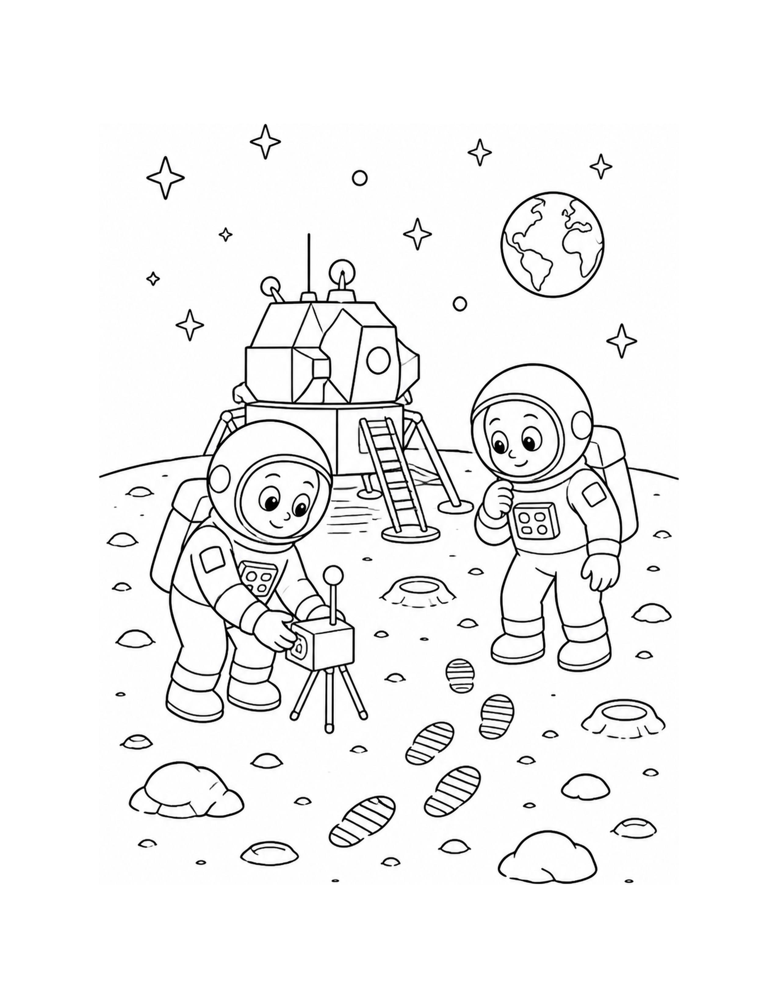 Coloriage de deux astronautes près d’un module lunaire