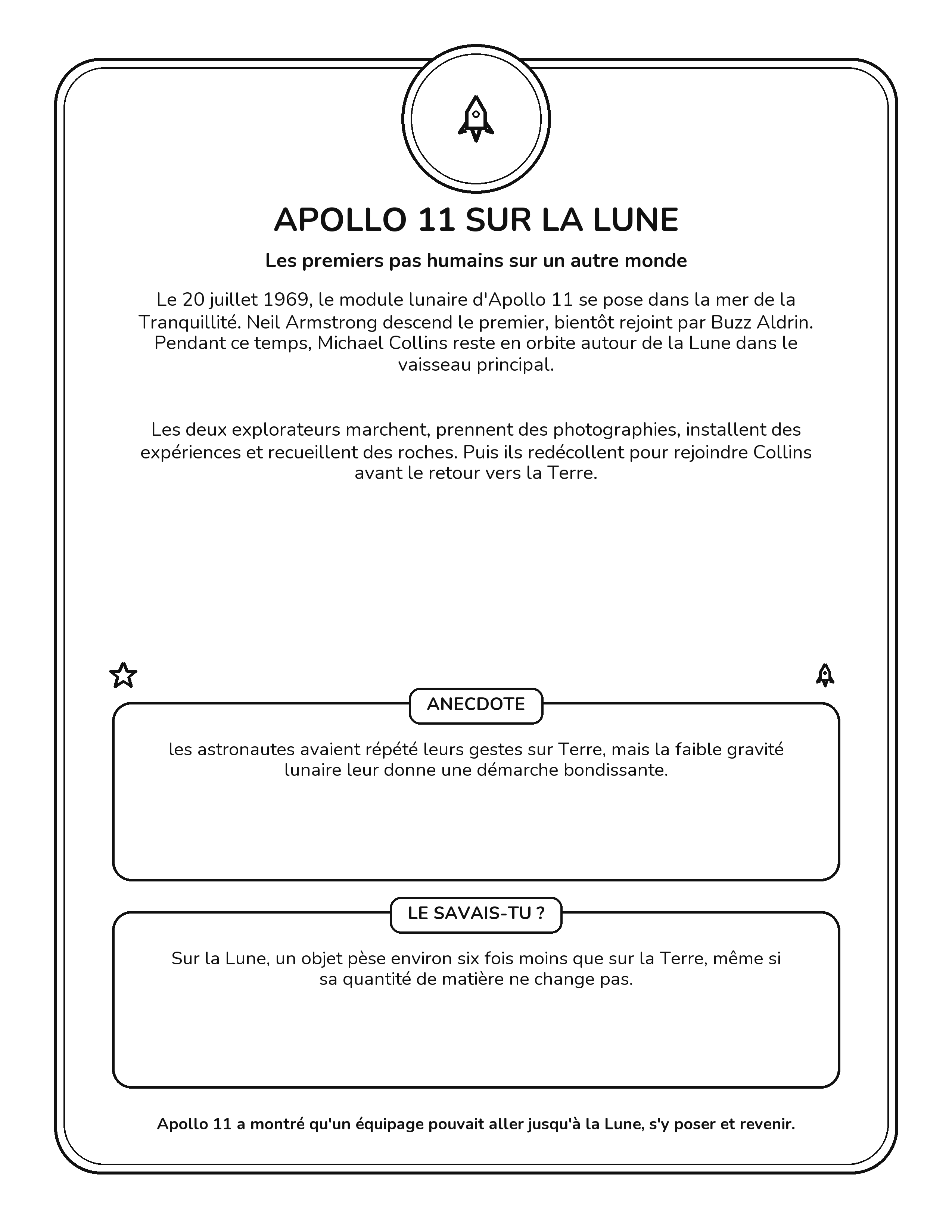Fiche intérieure sur Apollo 11 et les premiers pas sur la Lune