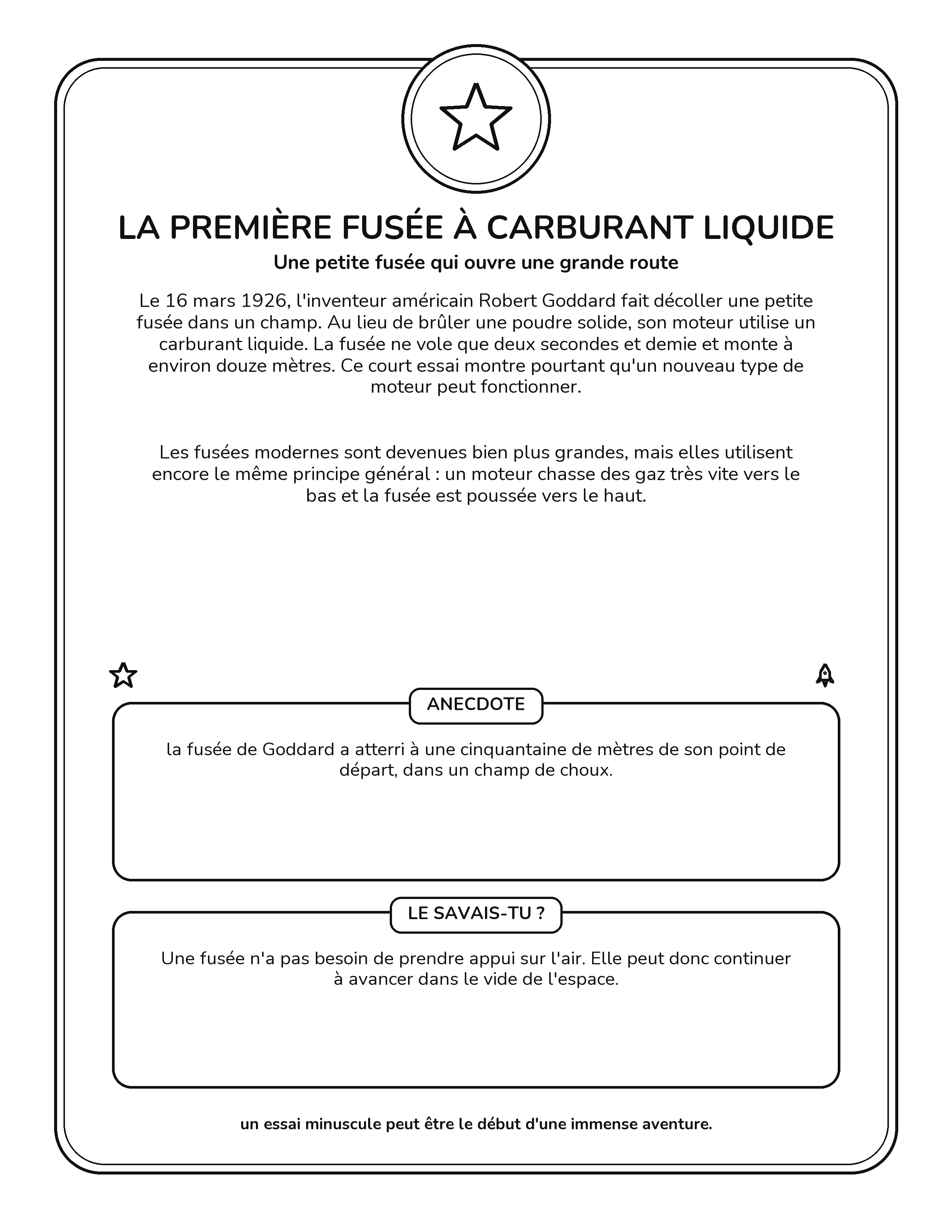Fiche intérieure sur la première fusée à carburant liquide