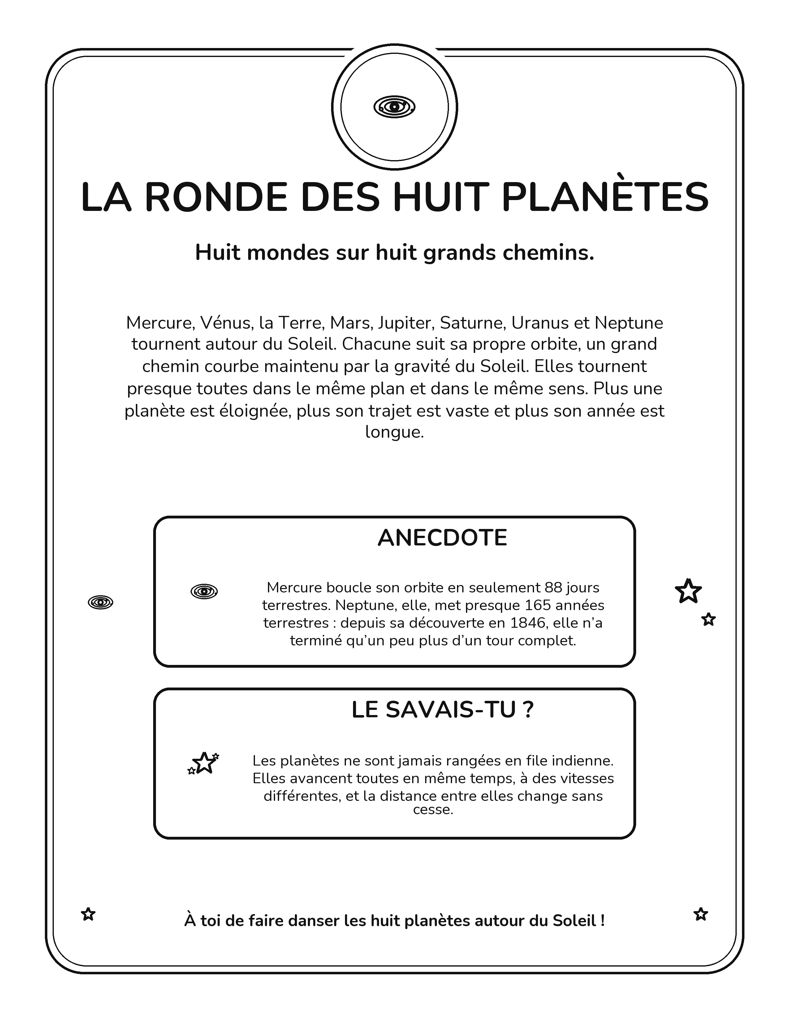 Fiche intérieure sur la ronde des huit planètes