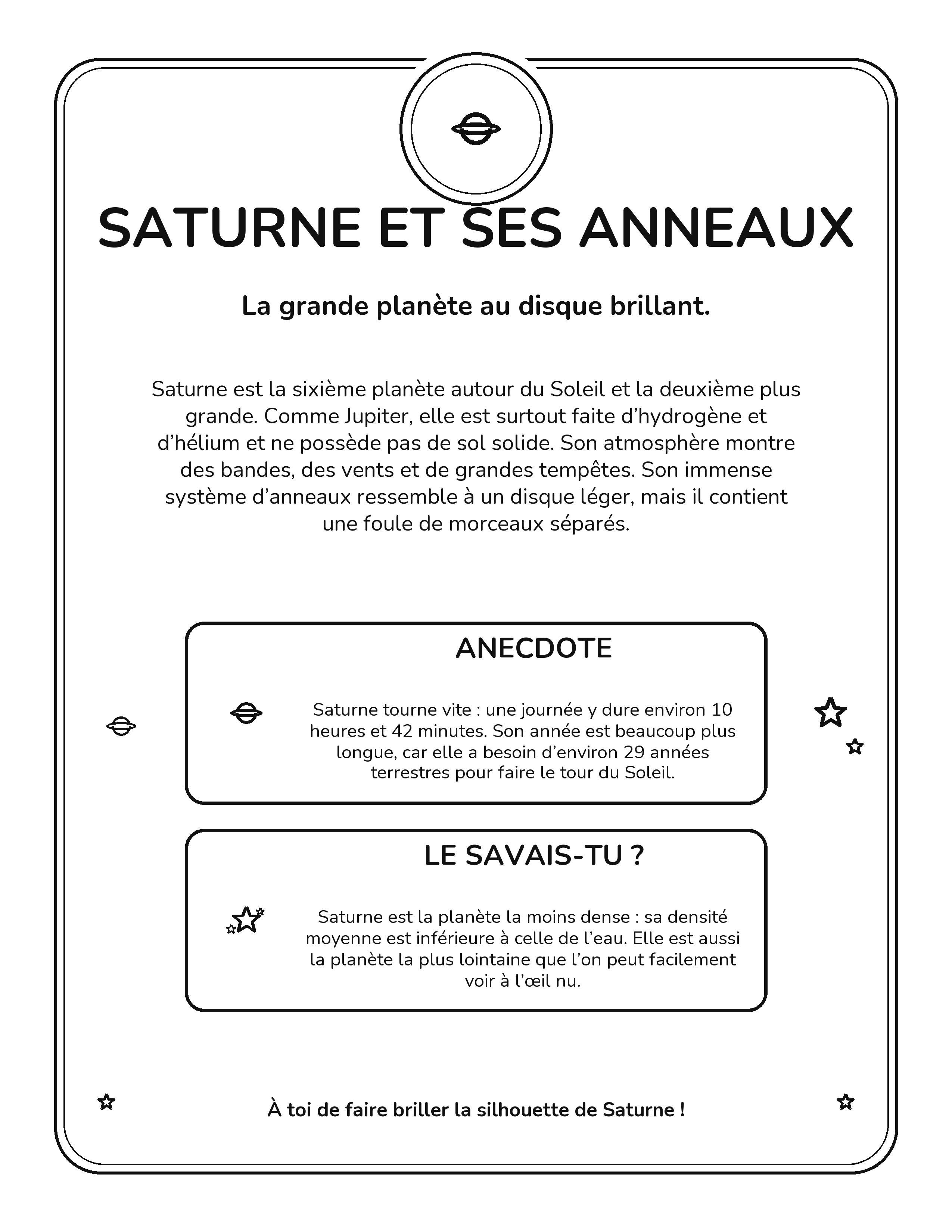 Fiche intérieure sur Saturne et ses anneaux