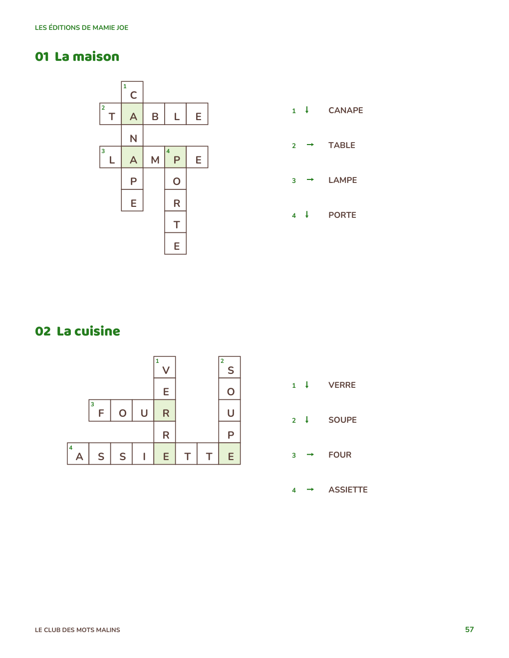 Solutions des grilles La maison et La cuisine avec les mots à leur place