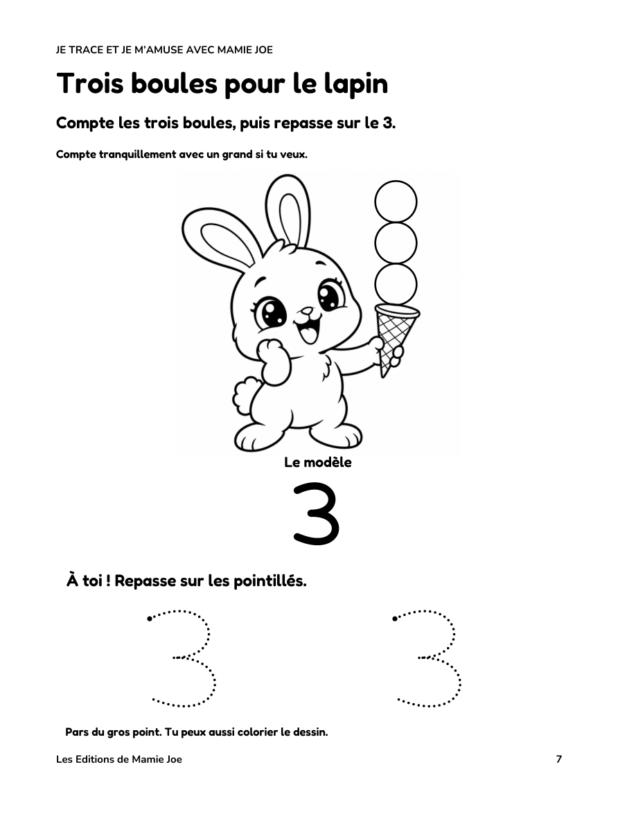 Page réelle : trois boules pour le lapin et le chiffre 3 en pointillés