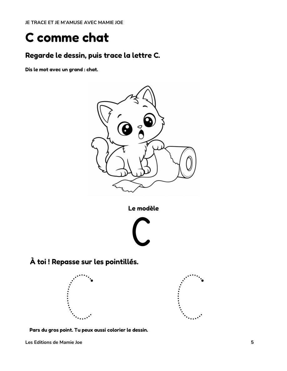 Page réelle : C comme chat, le modèle et les lettres en pointillés