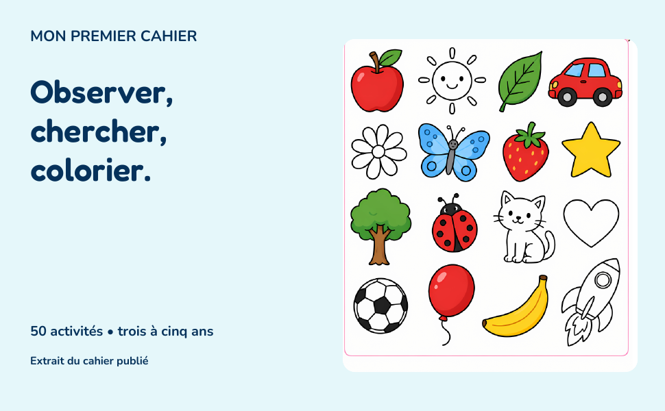 Extrait réel du défi Les couleurs : des objets colorés et des dessins à colorier, dont une pomme, une voiture et un ballon rouges.
