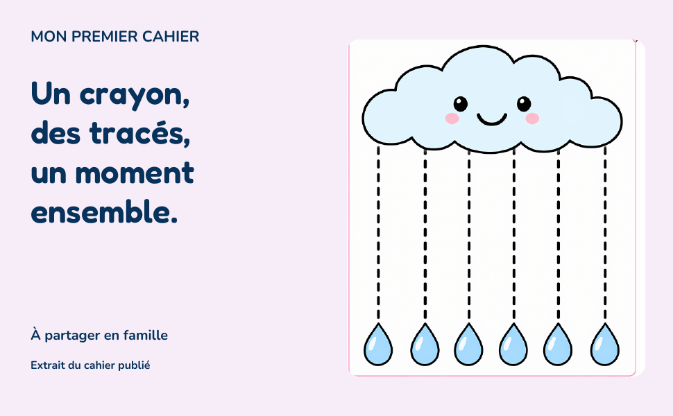 Extrait réel du défi La pluie tombe : un nuage souriant et six traits verticaux en pointillés jusqu’aux gouttes.