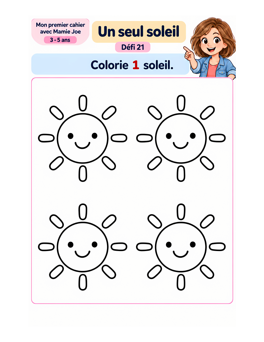 Page réelle du défi Un seul soleil : colorier un soleil parmi quatre.