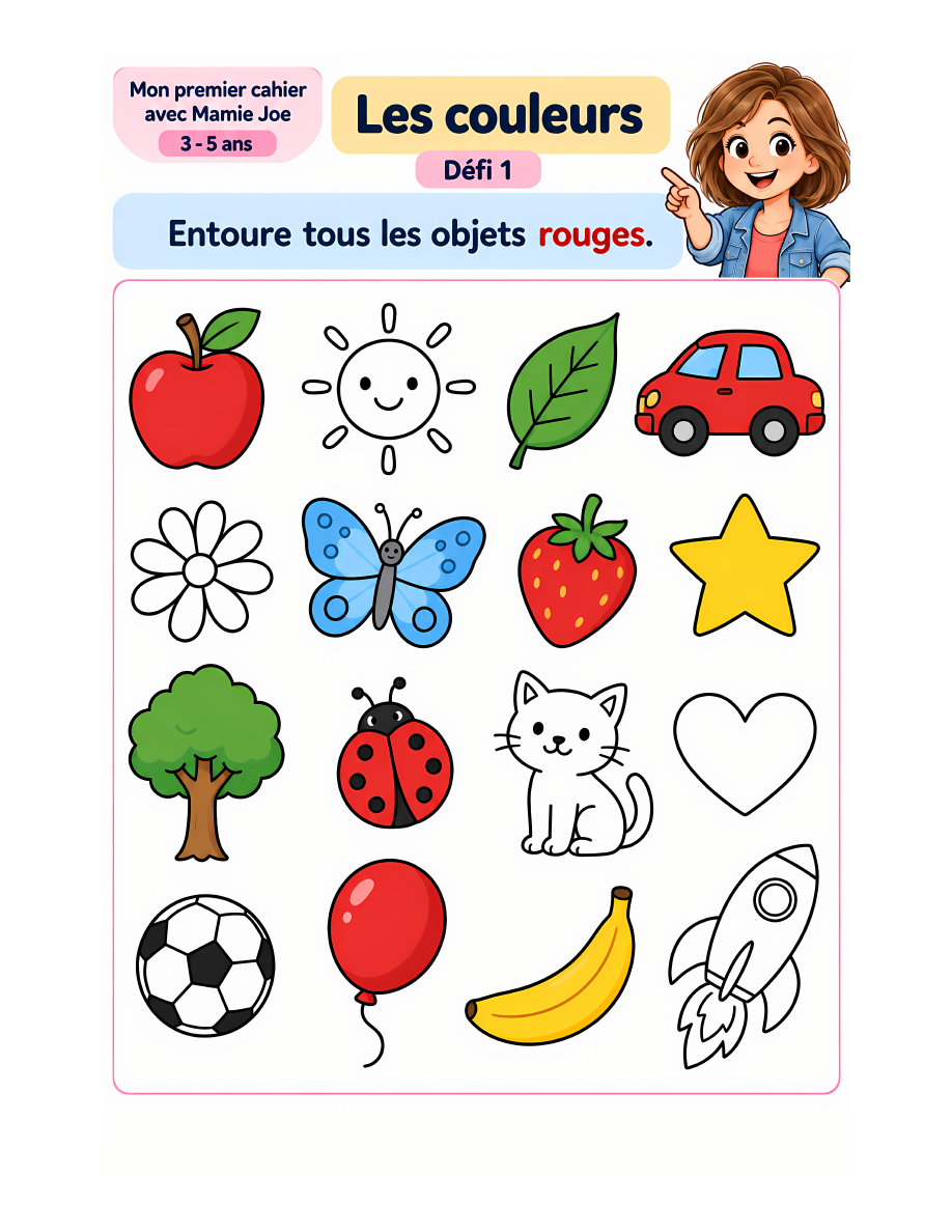 Page réelle du défi Les couleurs : entourer les objets rouges.