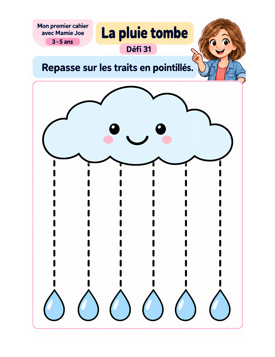 Page réelle du défi La pluie tombe : suivre les traits en pointillés.