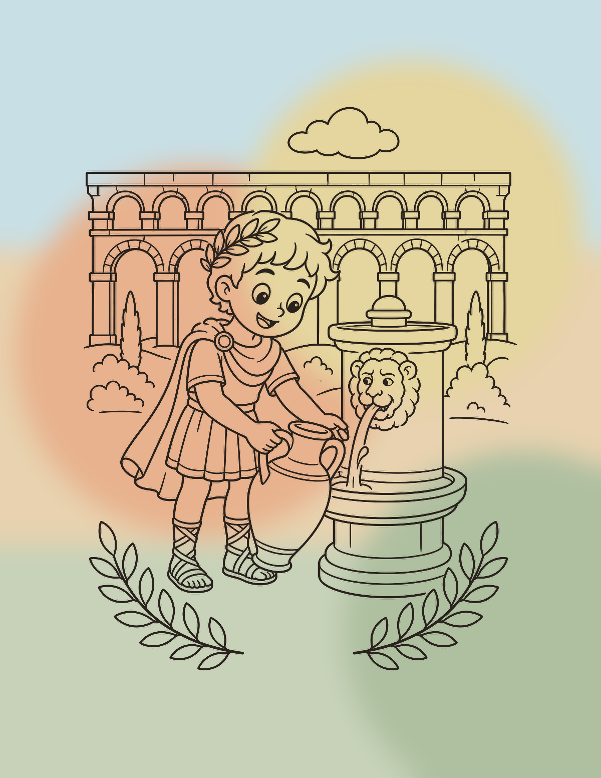 Illustration colorisée d’un aqueduc de la Rome antique
