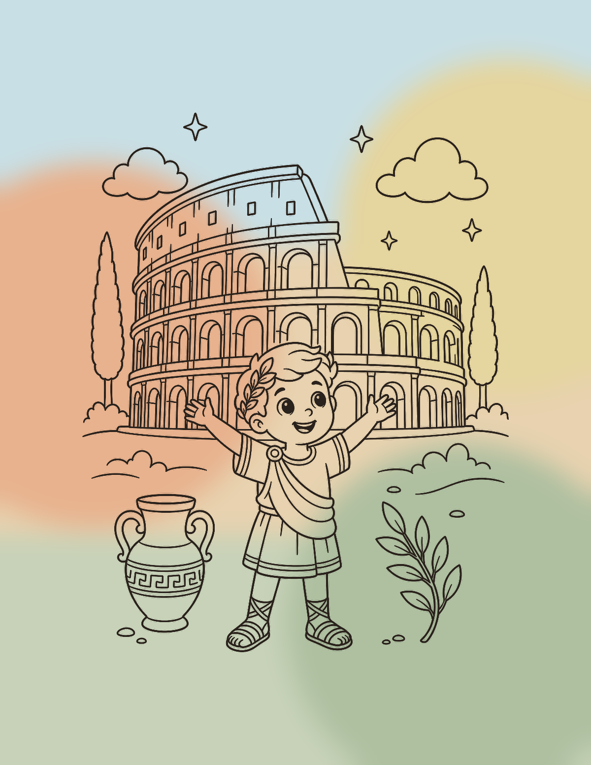 Illustration colorisée du Colisée avec un enfant romain