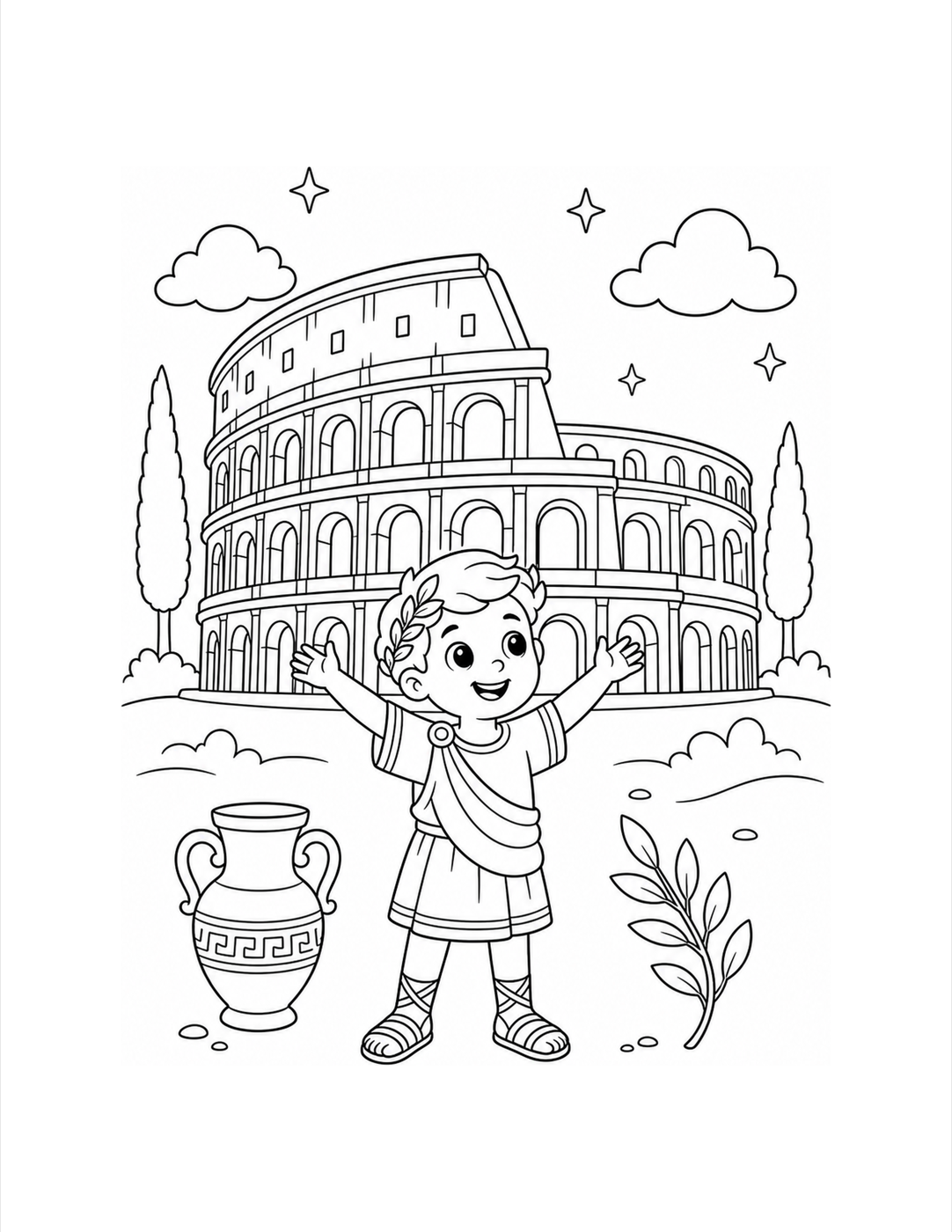 Grand dessin final noir et blanc du Colisée à colorier