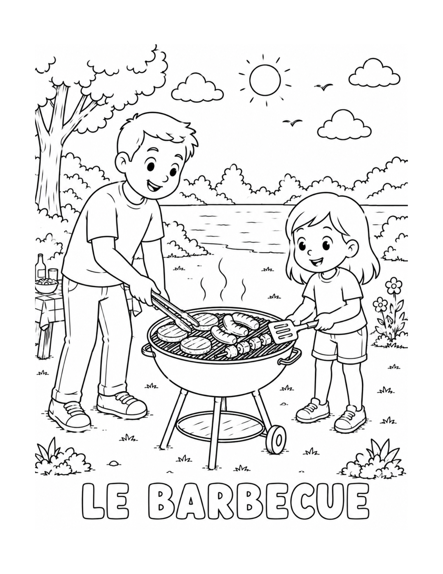Coloriage barbecue de vacances au camping