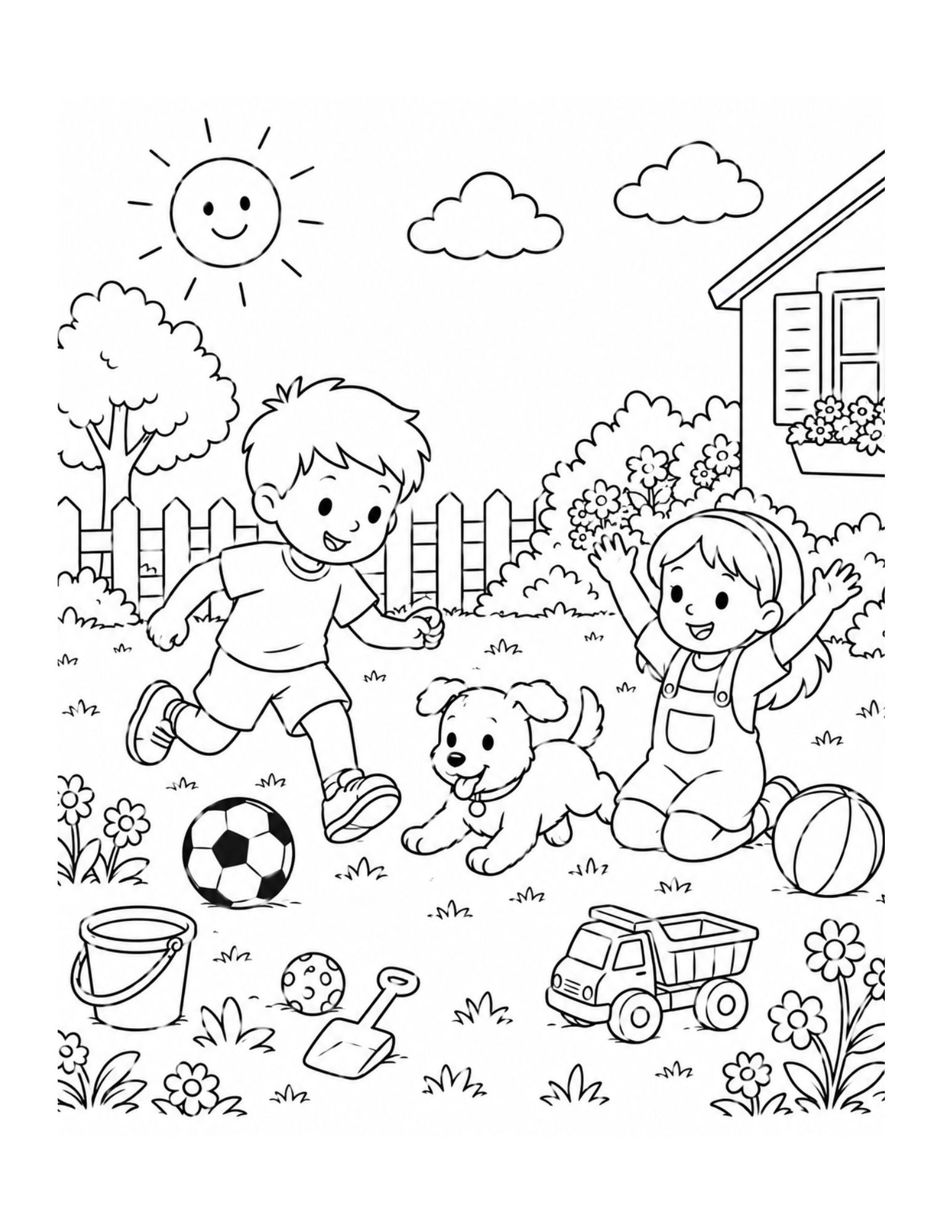 Coloriage jeu dans le jardin chez Mamie