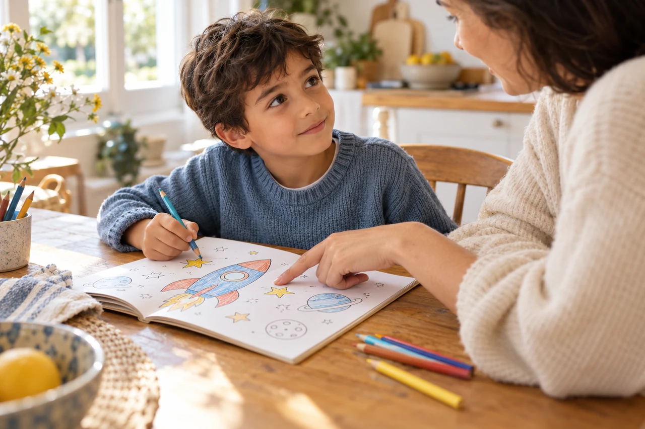 Un enfant et un parent explorent ensemble un dessin de fusée, crayons à la main
