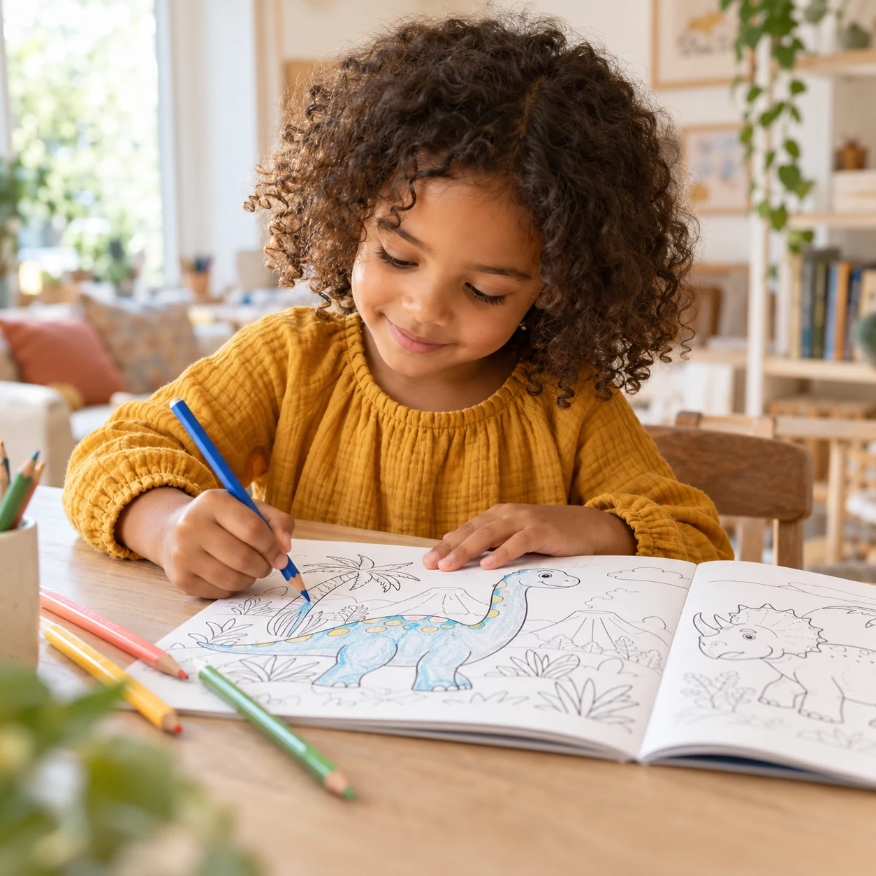 Un enfant attentif choisit ses couleurs et colorie un dinosaure à la maison