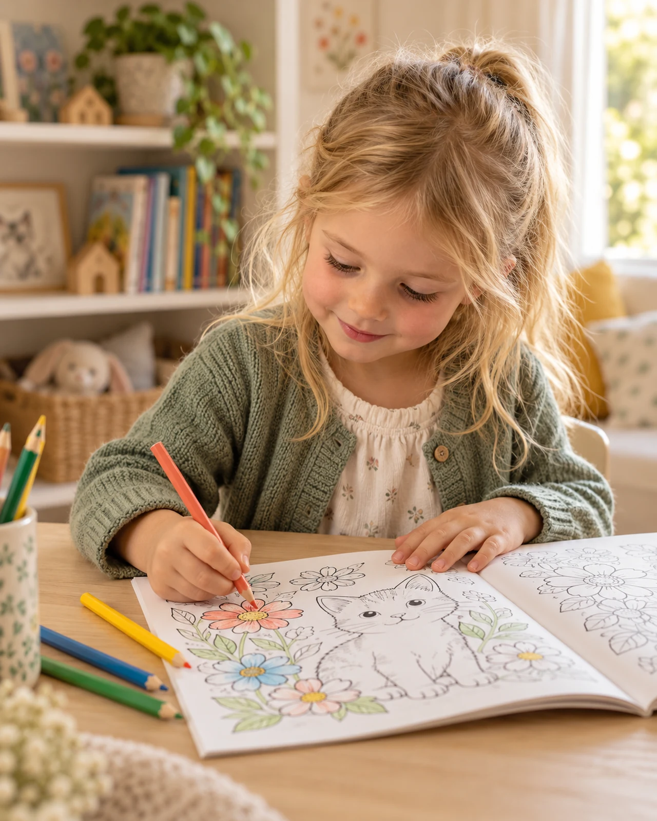 Une petite fille blonde, attentive à son dessin, colorie un chat et des fleurs à la maison