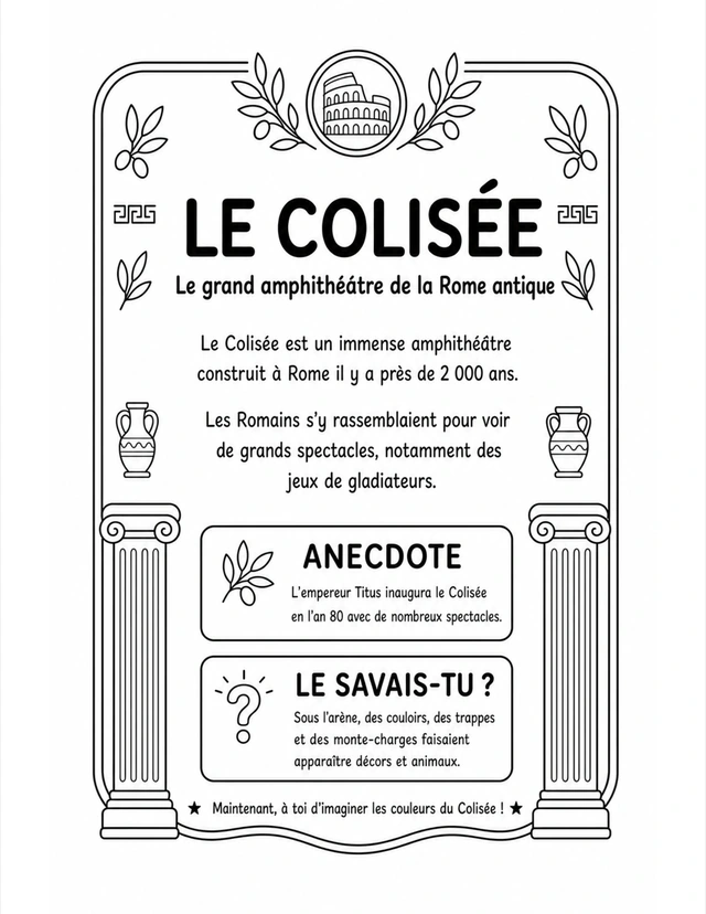 Mon premier livre de coloriage: Rome antique — Le Colisée — fiche de découverte.
