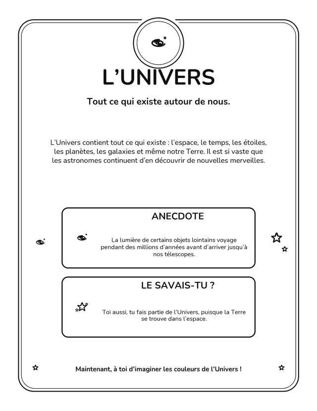 Je découvre l’espace : Coloriages et découvertes parmi les planètes et les étoiles — L’Univers — fiche de découverte.