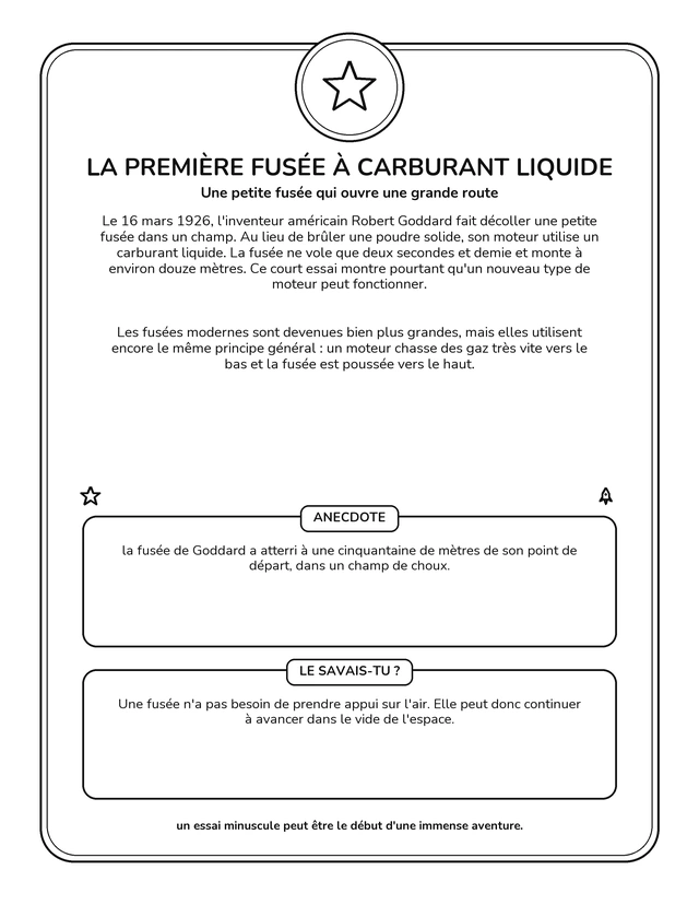 Je découvre la conquête de l’espace avec Mamie Joe — La première fusée à carburant liquide — fiche.