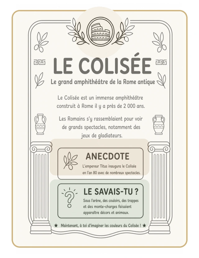 Mon premier livre de coloriage: Rome antique — Présentation — fiche du Colisée mise en scène.