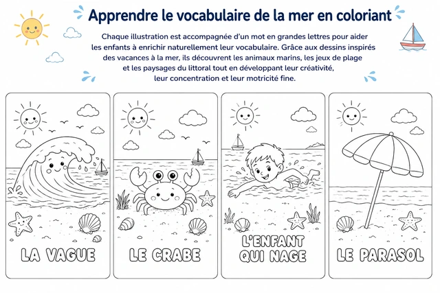 Mes vacances au bord de mer — Présentation du livre — exemples et vocabulaire.