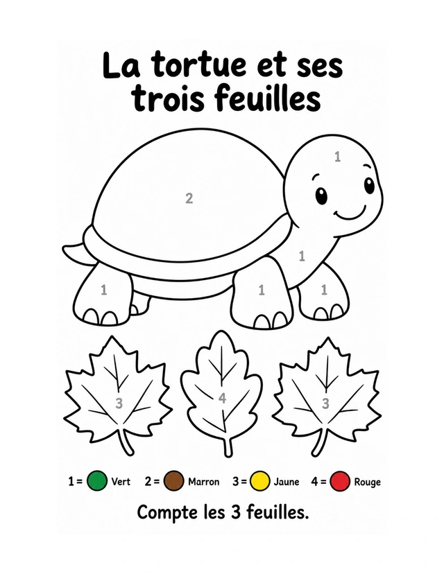 Mes animaux en couleurs — La tortue et ses trois feuilles — quatre couleurs.