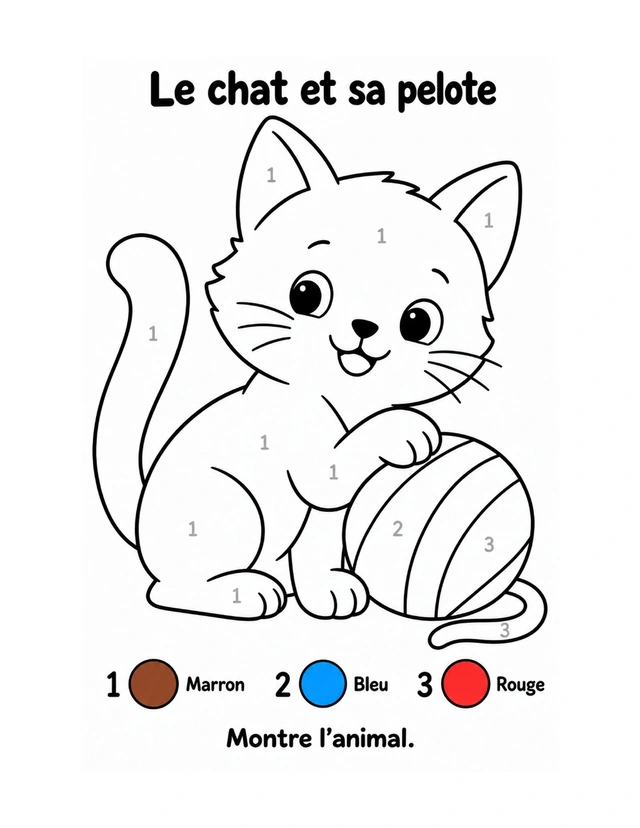 Mes animaux en couleurs — Le chat et sa pelote — trois couleurs.