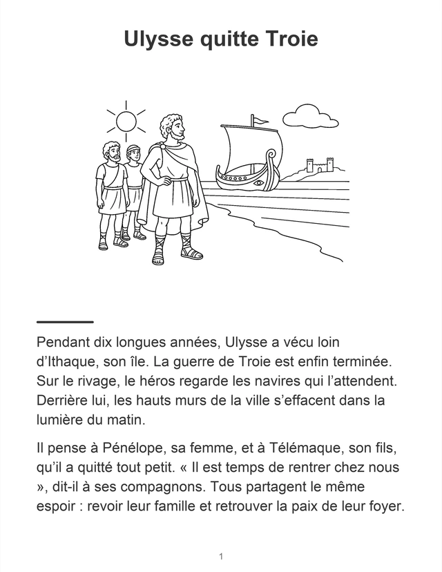 L'Odyssée : 23 récits illustrés à lire et à colorier — Le départ de Troie — page illustrée.