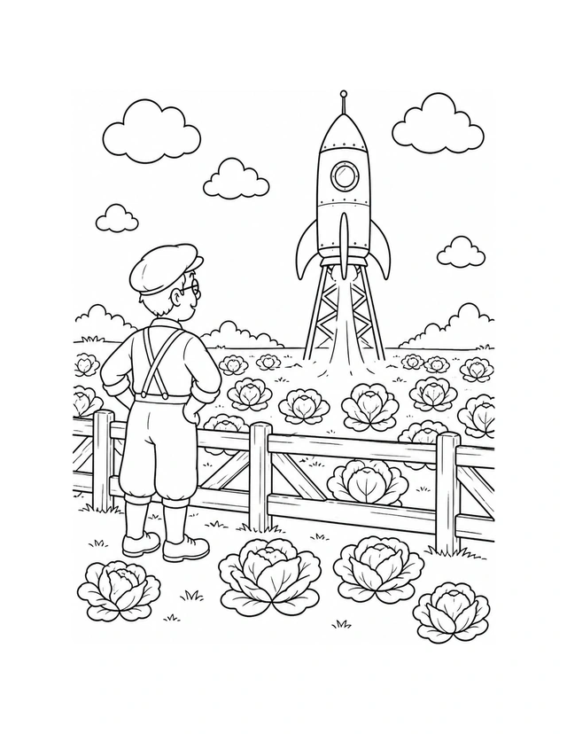 Je découvre la conquête de l’espace avec Mamie Joe — La première fusée à carburant liquide — coloriage.