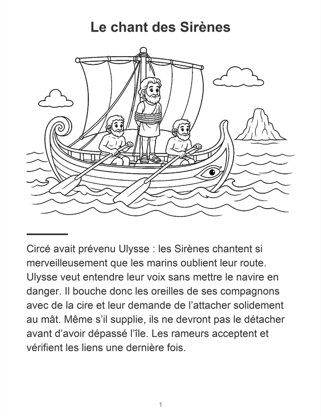 L'Odyssée : 23 récits illustrés à lire et à colorier — Le chant des Sirènes — page illustrée.