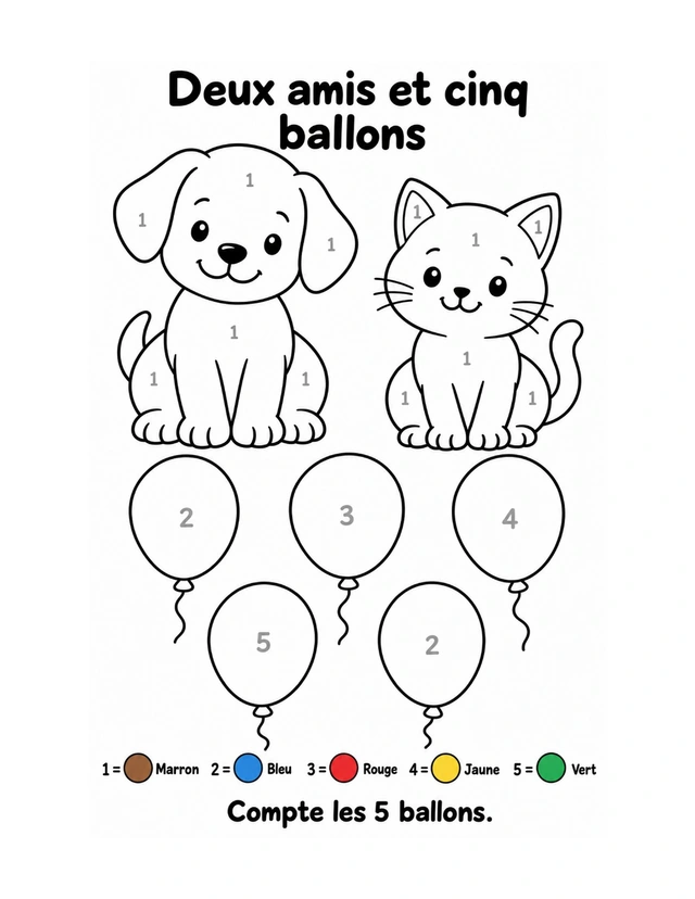 Mes animaux en couleurs — Deux amis et cinq ballons — cinq couleurs.
