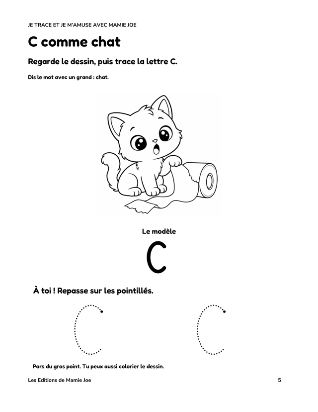 Mes premiers tracés et dessins — C comme chat — tracer la lettre.