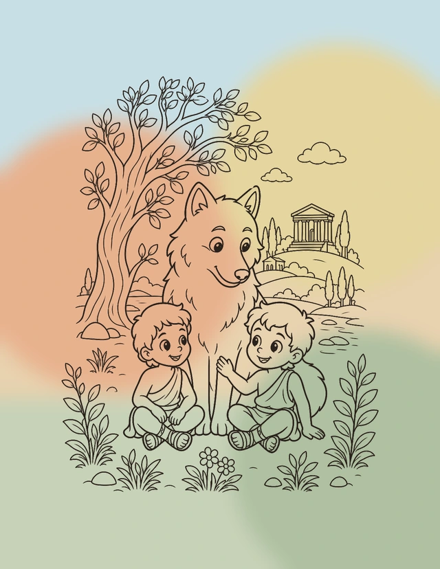 Mon premier livre de coloriage: Rome antique — Présentation — Romulus, Rémus et la louve colorisés.