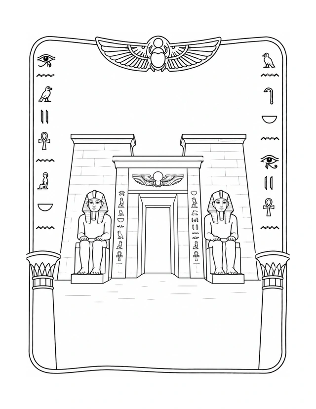 L'Égypte antique — Le temple égyptien — coloriage.