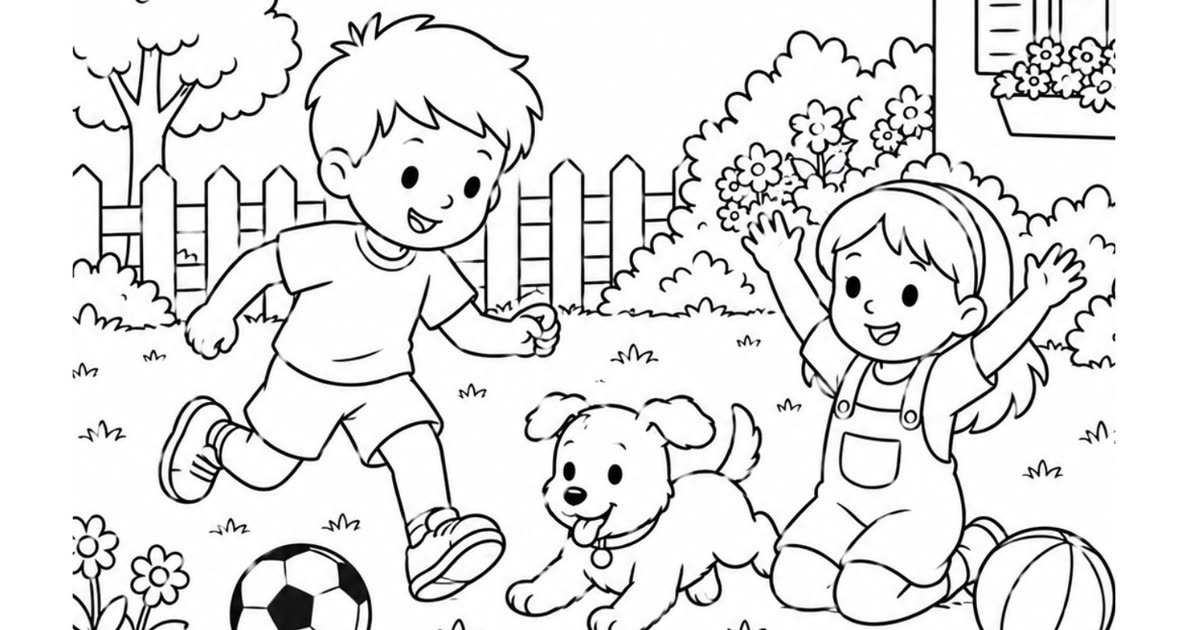 Deux enfants jouent avec un chien dans un jardin, page du livre Mes vacances chez Mamie et Papi